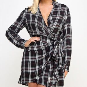Long Sleeve Plaid Side Tie Dress